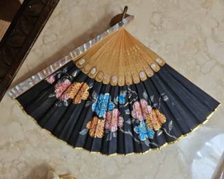 Vintage Hand Painted Silk Folding Fan with Mother-of-Pearl Inlay Sticks