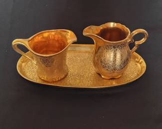 Vintage Pickard "Rose and Daisy" Gold Encrusted Creamer and Sugar Set with Tray