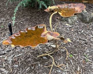 Two-Tier Cast Iron Leaf Bird Bath with Bird Figurines
