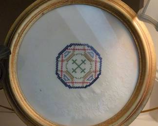 Vintage Geometric Cross Stitch Sampler in Round Gold Frame