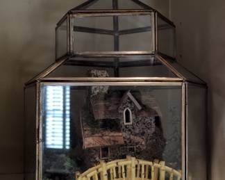 Vintage Hexagonal Glass and Metal Terrarium with Miniature Cottage Diorama