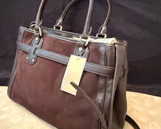 Michael Kors Hudson Dark Brown Suede Leather Belted Satchel