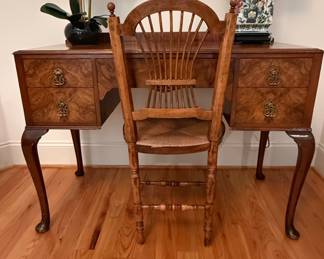 Vintage Burl Walnut Writing Desk and Fan-Back Rush Seat Chair