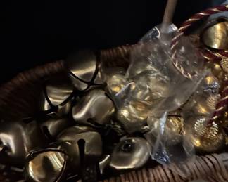Vintage Brass Sleigh Bells on Braided Rope with Rings in Basket