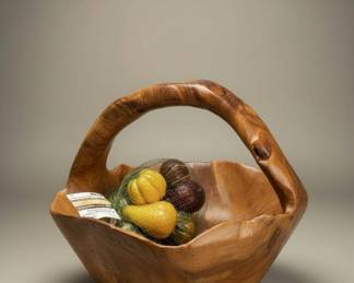 Hand-Carved Live Edge Root Wood Basket Bowl with Decorative Gourds