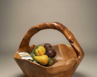 Hand-Carved Live Edge Root Wood Basket Bowl with Decorative Gourds
