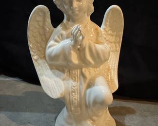 Vintage White Glazed Ceramic Praying Angel Figurine with Ornate Robe Detail