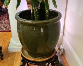 Large “Corn Plant” Glazed Ceramic Planter with Carved Wooden Stand