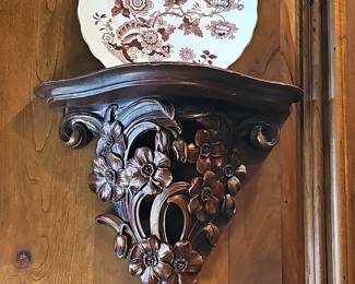 Vintage Carved Wood Floral Wall Bracket Shelf with Brown Transferware Plate