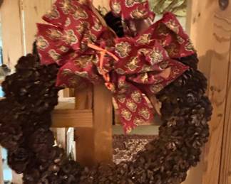 Handmade Pinecone Wreath with Red Floral Fabric Bow