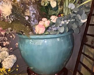 Large Turquoise Ceramic Fishbowl Planter with Carved Wooden Stand