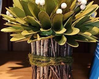 Rustic Twig-Covered Vase with Artificial Mistletoe Bush