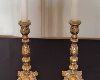 Pair of Vintage Ornate Gold-Tone Metal Candlesticks