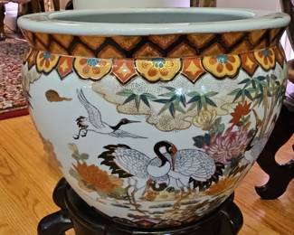 Large Vintage Chinese Porcelain Fish Bowl Planter with Rosewood Stand