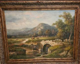Landscape Oil Painting with Stone Bridge and Horseman, Signed 'Homer'