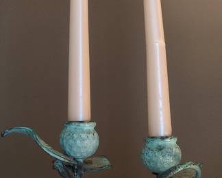 Vintage Verdigris Brass Leaf and Vine Double Candlestick Holder