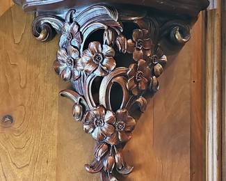 Vintage Carved Wood Floral Wall Bracket Shelf with Brown Transferware Plate