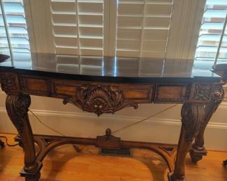French Louis XV Style Carved Walnut Marble Top Console Table