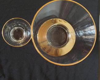 Mid-Century Modern Clear Glass Chip and Dip Set with Gold Rim