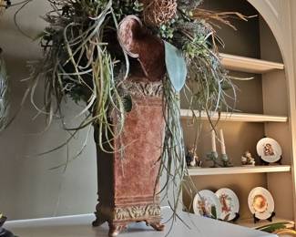 Large Faux Marble Pedestal Vase with Dried Floral Arrangement