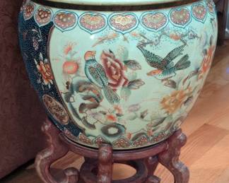 Vintage Chinese Porcelain Famille Rose Fishbowl Planter with Stand