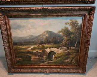 Landscape Oil Painting with Stone Bridge and Horseman, Signed 'Homer'
