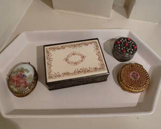 Collection of Four Vintage Vanity Trinket Boxes with Hand-Painted Portrait Miniature and Petit Point Lid