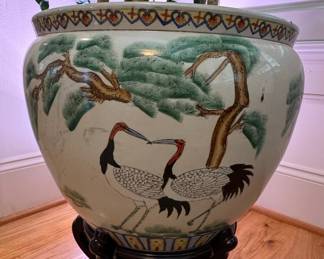 Large Chinese Porcelain Fishbowl Planter with Crane and Pine Motif