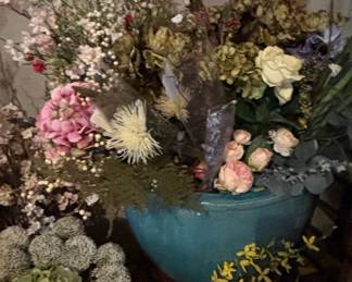 Large Teal Glazed Ceramic Planter with Dried Floral Arrangement
