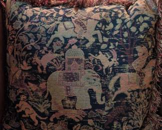 Elephant and Hunting Scene Jacquard Tapestry Pillow
