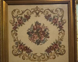 Vintage Floral Needlepoint Wall Art in Ornate Gilt Frame