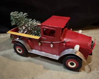 Red Metal Christmas Pickup Truck with Tree