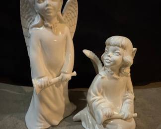 Vintage White Ceramic Angel Figurines with Trumpets - Japan