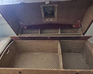 Antique Victorian Dome-Top Steamer Trunk with Lithograph and Tray
