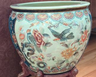 Vintage Chinese Porcelain Famille Rose Fishbowl Planter with Stand