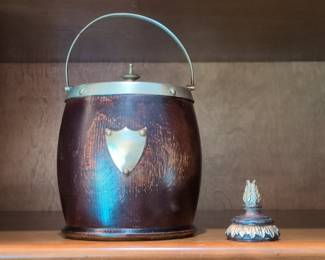 Antique English Oak Biscuit Barrel with Silver Shield and Porcelain Liner