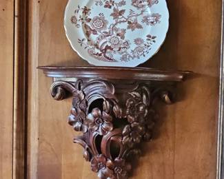 Antique Carved Walnut Wall Shelf with Brown Transferware Plate