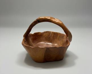 Hand-Carved Live Edge Root Wood Basket Bowl with Decorative Gourds