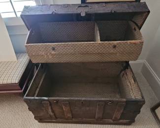 Antique Victorian Dome-Top Steamer Trunk with Lithograph and Tray