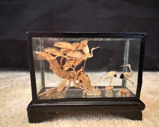Vintage Chinese Cork Carving Diorama with Cranes and Trees