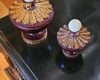 Pair of Neoclassical Style Burgundy and Gold Decorative Lidded Urns