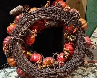 Artificial Autumn Harvest Pumpkin and Pinecone Grapevine Wreath