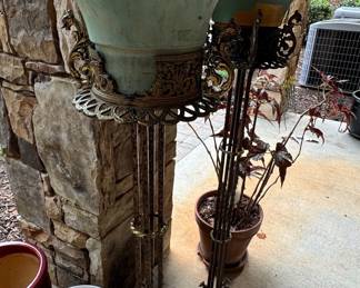 Pair of Vintage Figural Cast Metal Plant Stands with Jardinières in the style of Oscar Bach