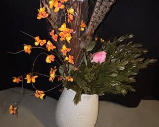 Artificial Fall Floral Arrangement with Pheasant Feathers in Textured Ceramic Vase