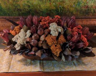 Dried Protea and Poppy Pod Floral Arrangement in Wooden Bowl