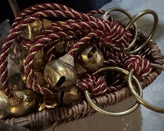 Vintage Brass Sleigh Bells on Braided Rope with Rings in Basket