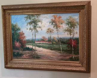 Impasto Landscape Oil Painting with Red-Roofed House