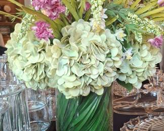 Artificial Hydrangea, Carnation, and Mixed Greenery Arrangement in Glass Vase