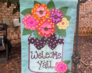Welcome Y'all Mason Jar Floral Garden Flag with 3D Button Flowers