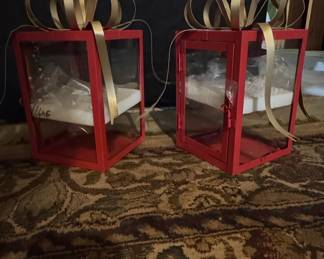 Red Metal Christmas Gift Box Lanterns with Gold Bows (Set of 2)